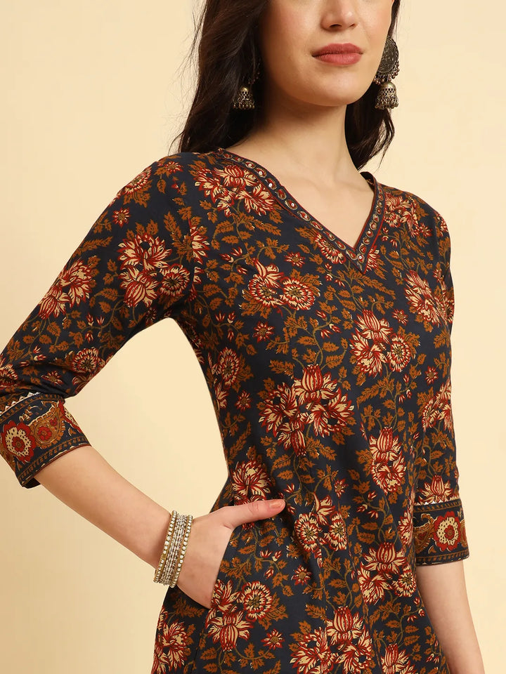 Navy Pure Cotton Floral Sequins Worky Kurta Set With Dupatta