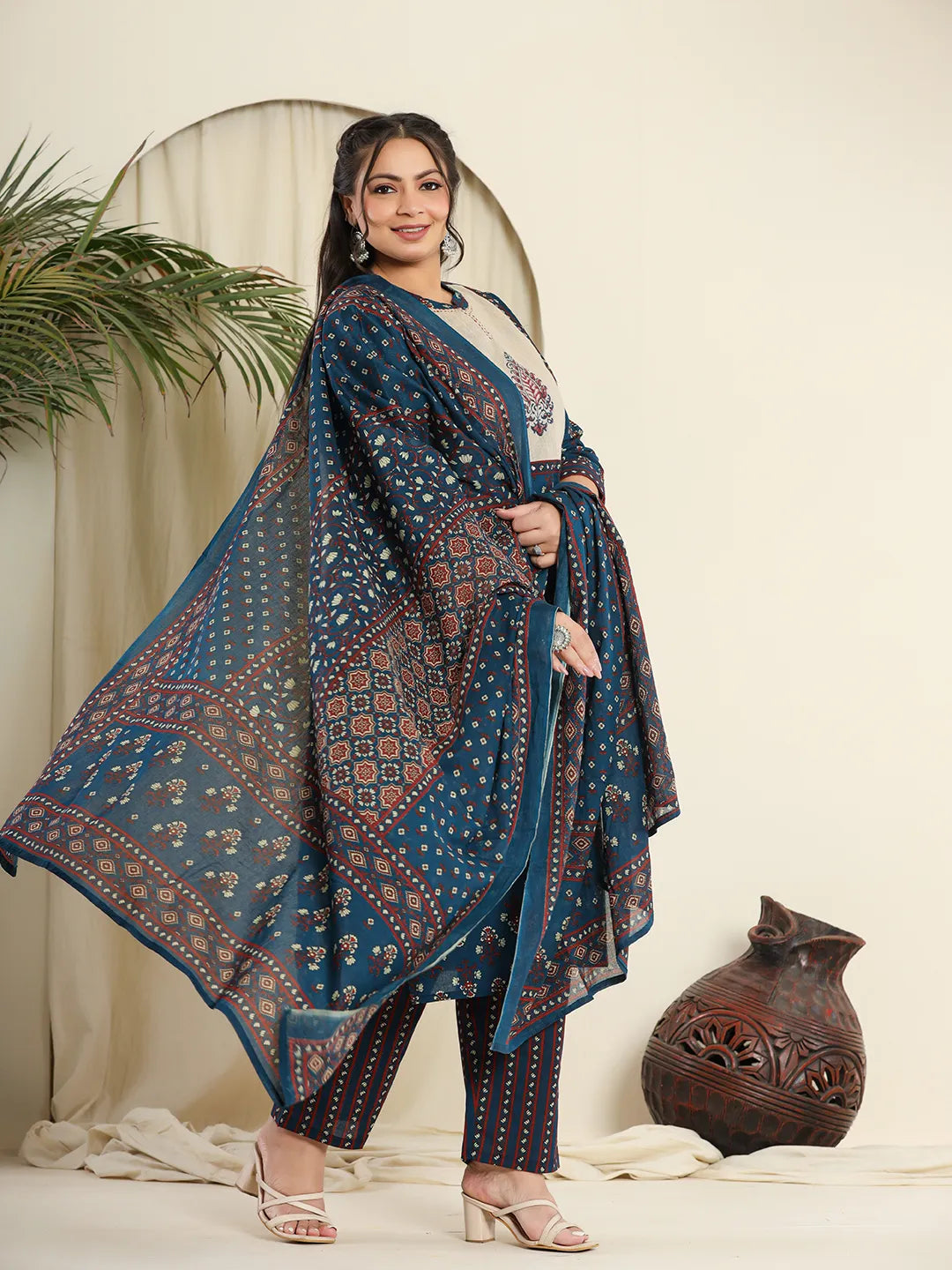 Navy Pure Cotton Kantha Work Kurta Dupatta Pant Set With Hand Block Yoke