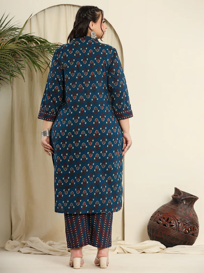 Navy Blue Pure Cotton Kantha Work Kurta Dupatta Pant Set With Hand Block Yoke