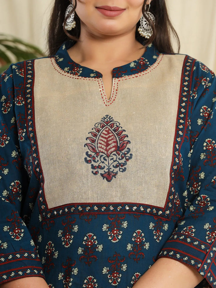 Navy Pure Cotton Kantha Work Kurta Dupatta Pant Set With Hand Block Yoke