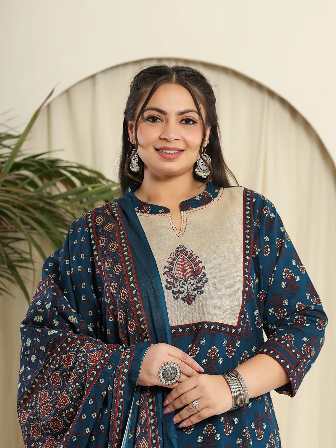 Navy Blue Pure Cotton Kantha Work Kurta Dupatta Pant Set With Hand Block Yoke