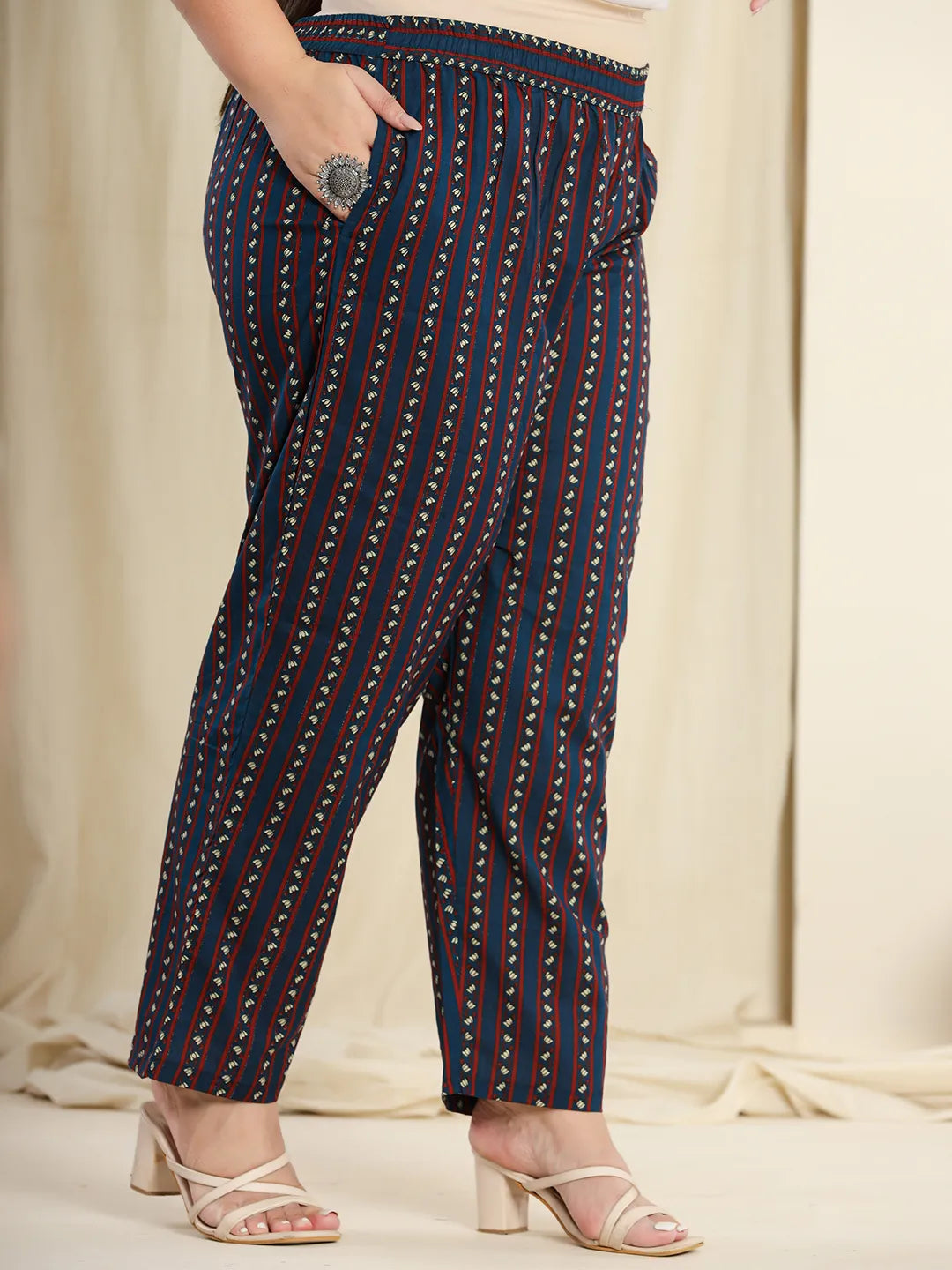 Navy Blue Pure Cotton Kantha Work Kurta Dupatta Pant Set With Hand Block Yoke