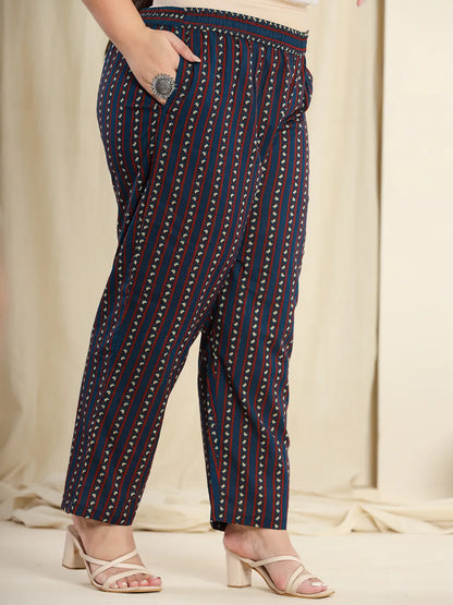 Navy Blue Pure Cotton Kantha Work Kurta Dupatta Pant Set With Hand Block Yoke