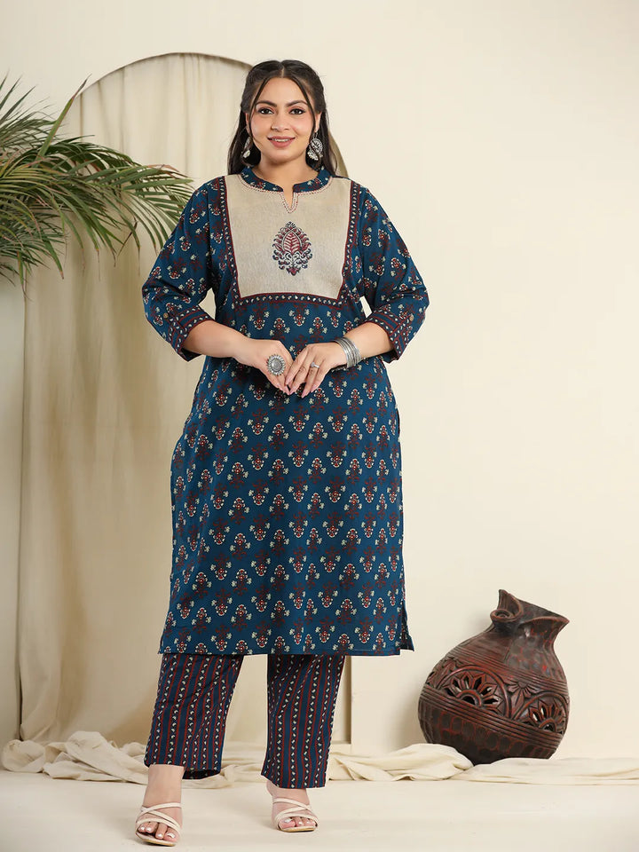 Navy Pure Cotton Kantha Work Kurta Dupatta Pant Set With Hand Block Yoke
