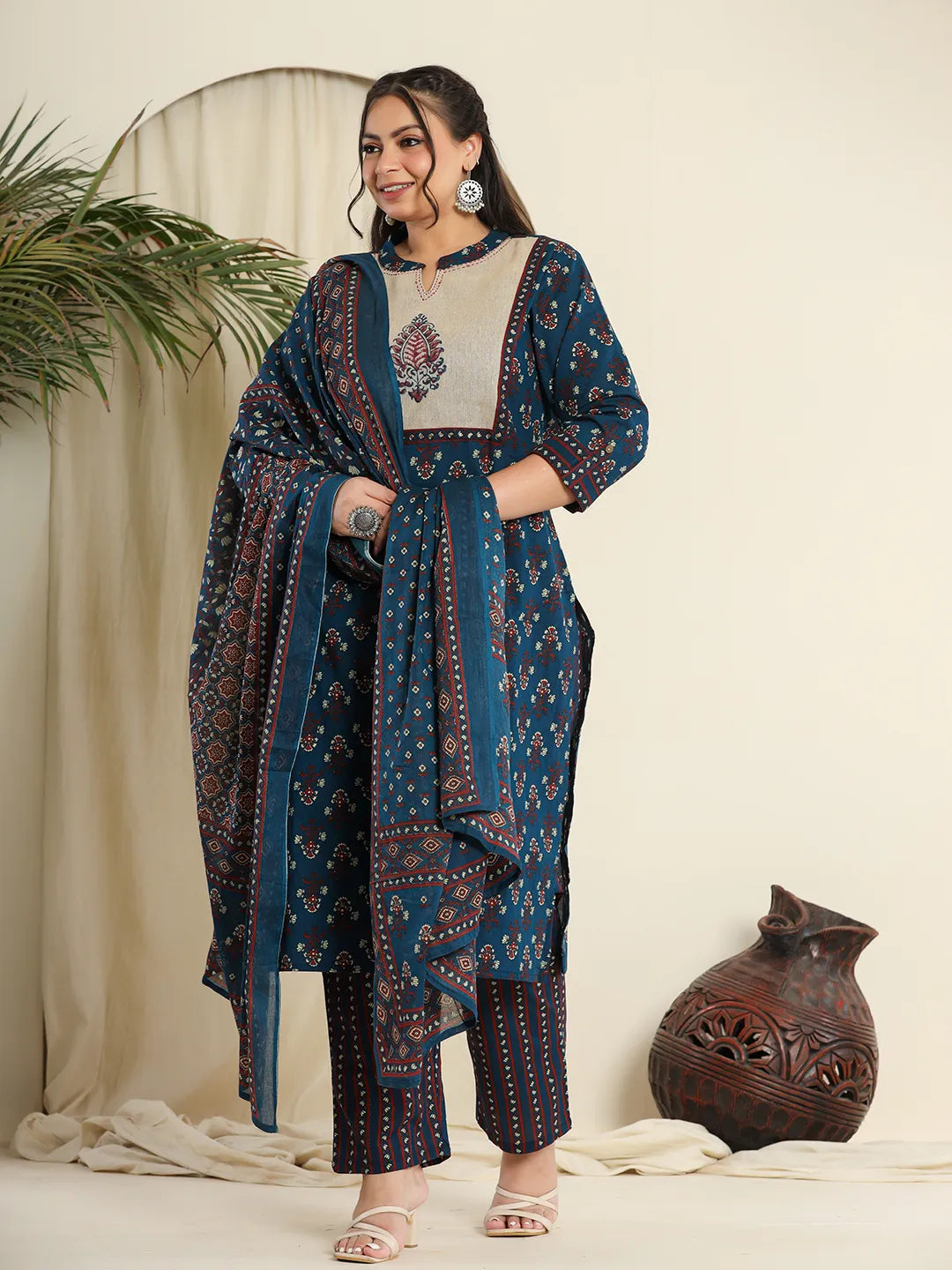 Navy Blue Pure Cotton Kantha Work Kurta Dupatta Pant Set With Hand Block Yoke