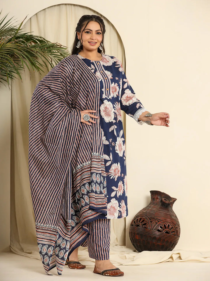 Navy Pure Cotton Kurta Dupatta Pant Set With Handwork