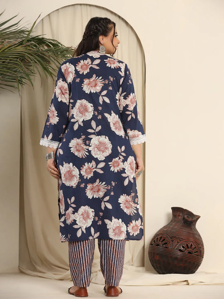 Navy Pure Cotton Kurta Dupatta Pant Set With Handwork