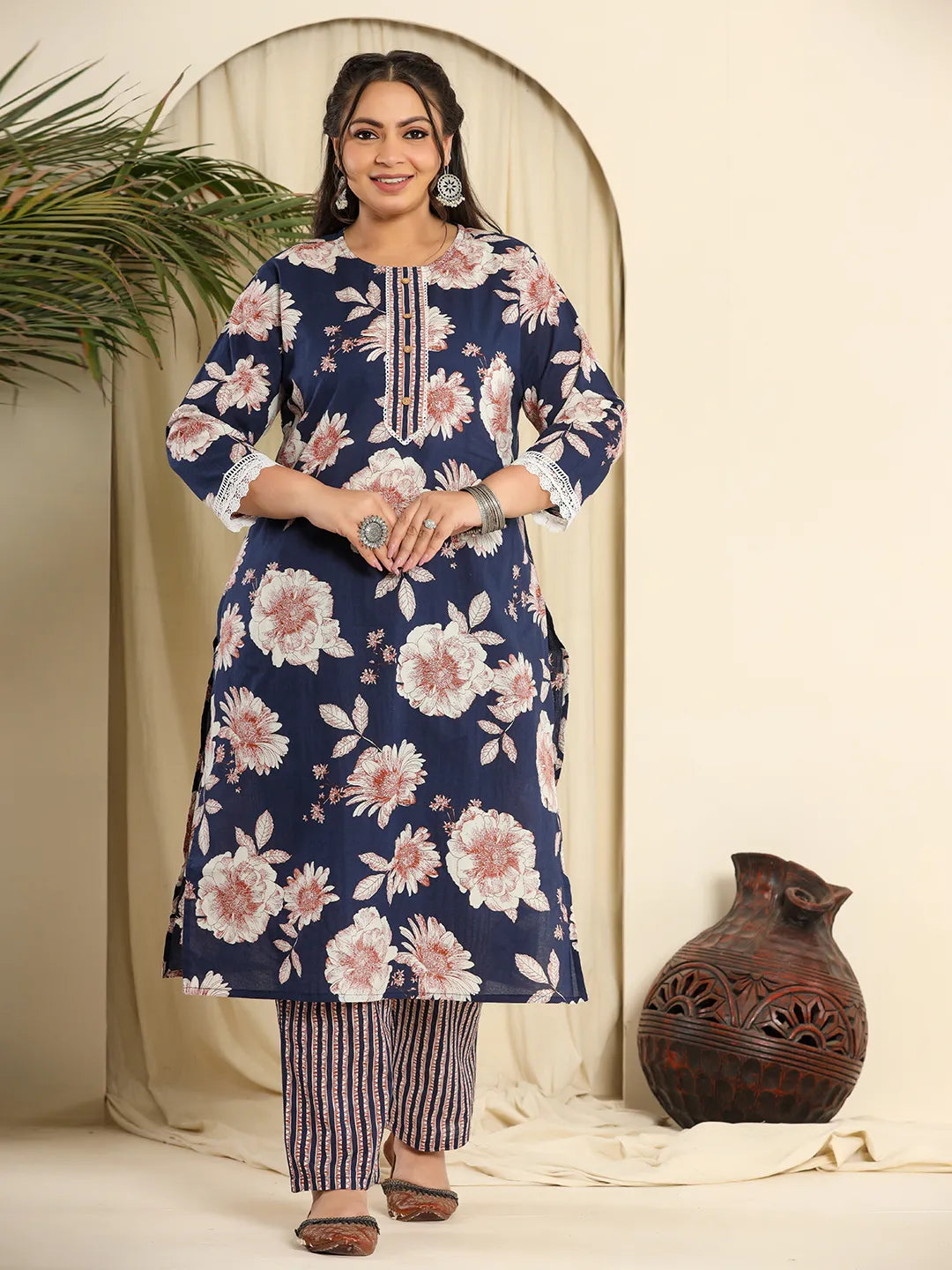 Navy Pure Cotton Kurta Dupatta Pant Set With Handwork