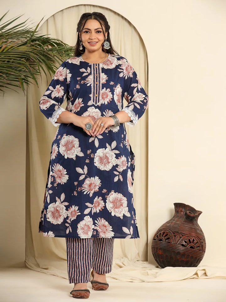 Navy Pure Cotton Kurta Dupatta Pant Set With Handwork