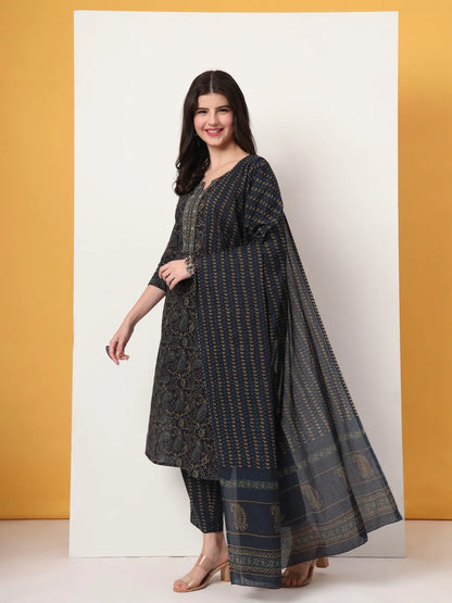 Navy Blue Pure Cotton Paisley Print Kurta Dupatta Pant Set