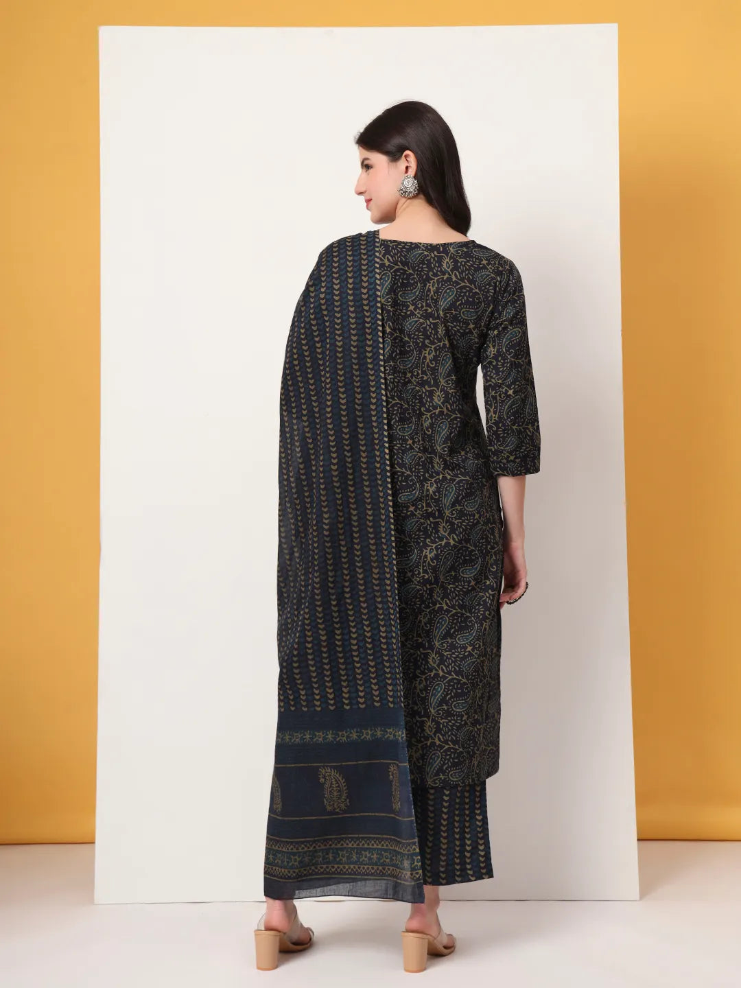 Navy Blue Pure Cotton Paisley Print Kurta Dupatta Pant Set
