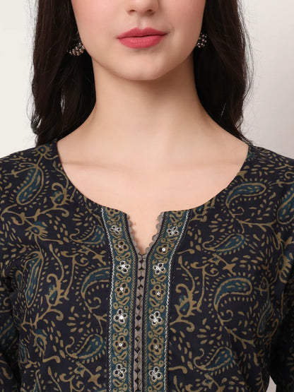 Navy Blue Pure Cotton Paisley Print Kurta Dupatta Pant Set