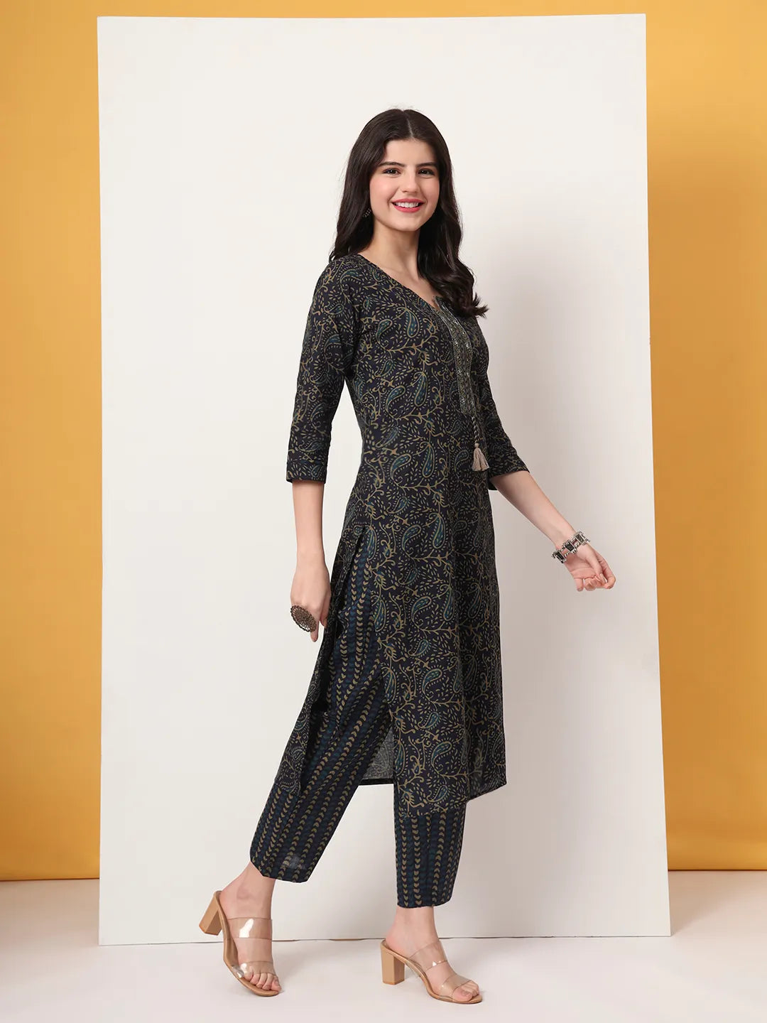 Navy Pure Cotton Paisley Print Kurta Dupatta Pant Set
