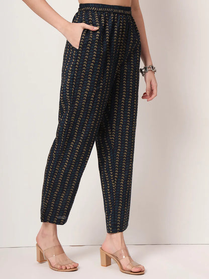 Navy Blue Pure Cotton Paisley Print Kurta Dupatta Pant Set