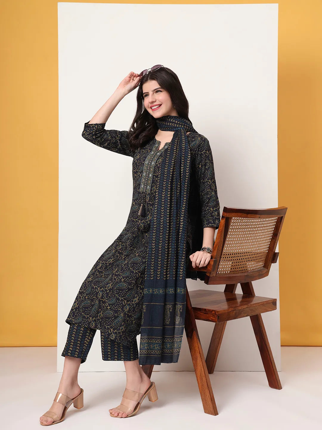 Navy Pure Cotton Paisley Print Kurta Dupatta Pant Set