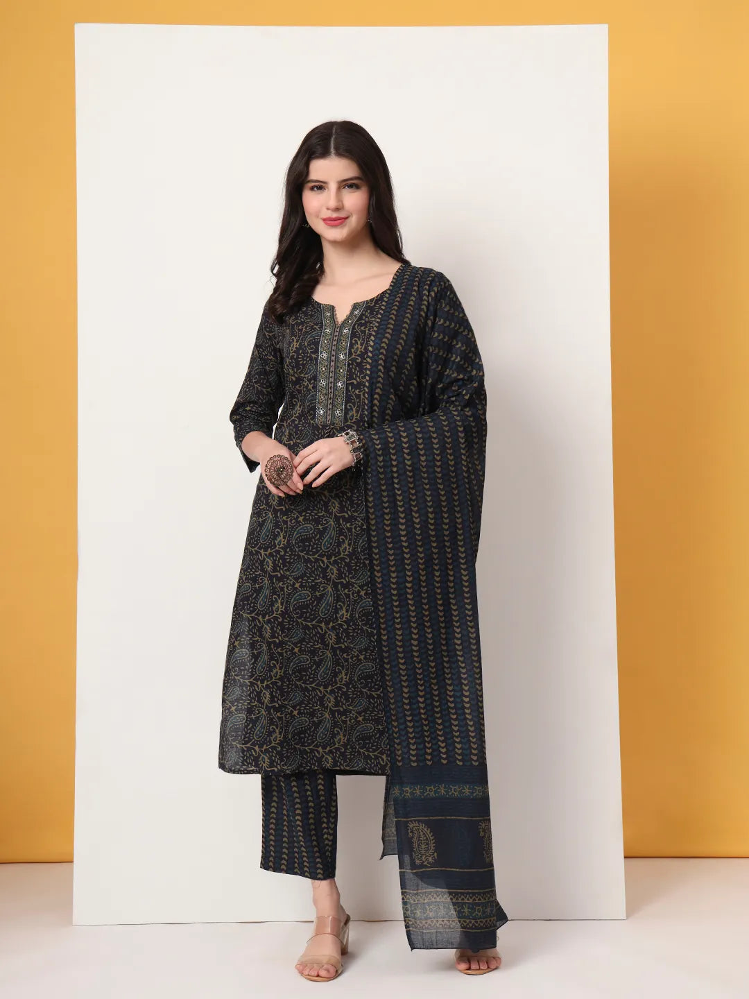 Navy Blue Pure Cotton Paisley Print Kurta Dupatta Pant Set