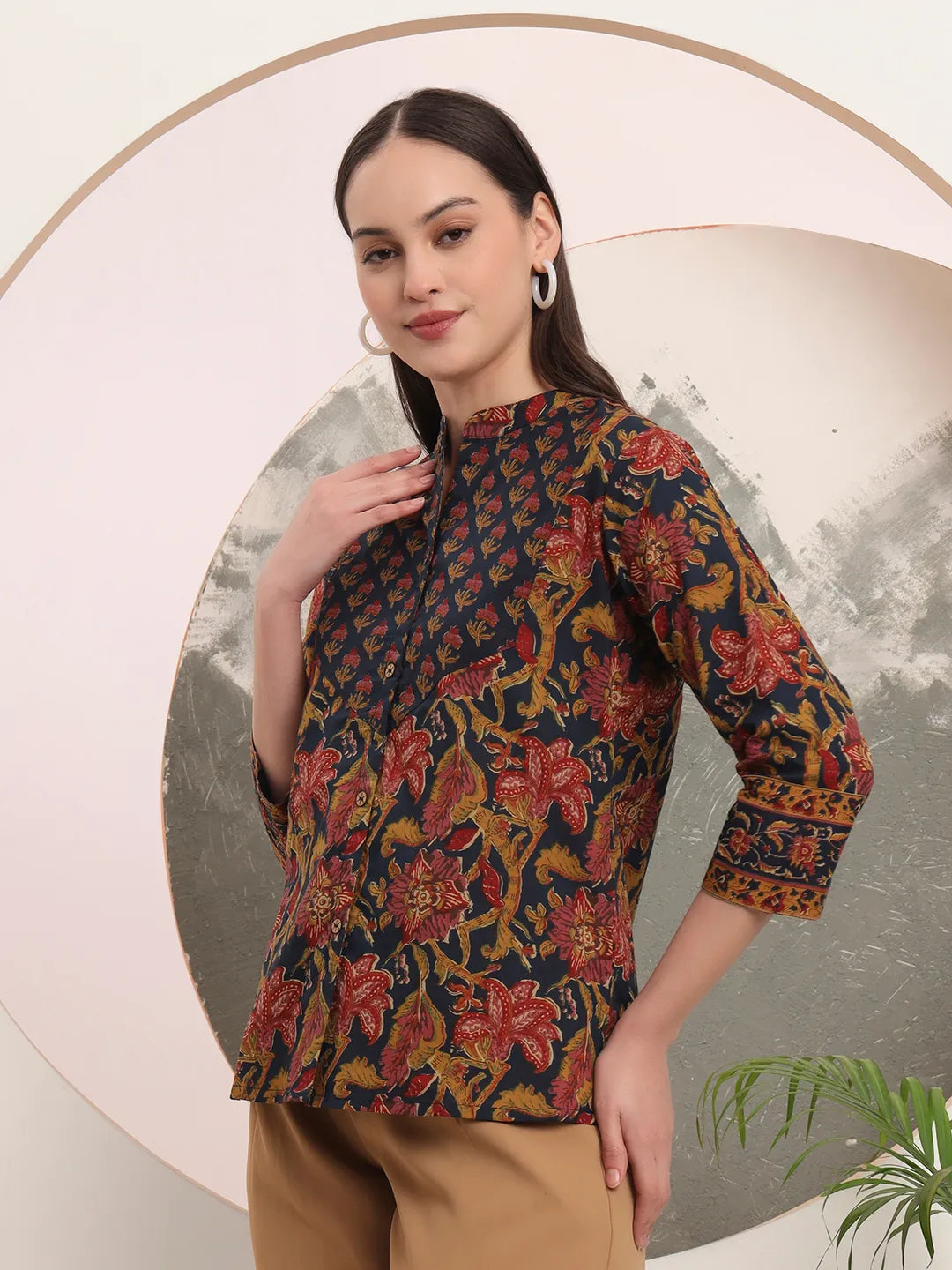 Navy Blue Pure Cotton Shirt Style Top