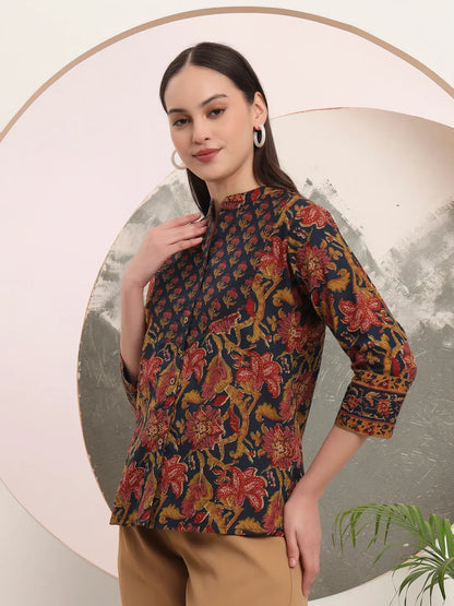 Navy Blue Pure Cotton Shirt Style Top