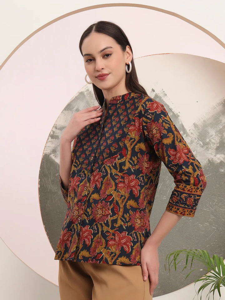 Navy Pure Cotton Shirt Style Top