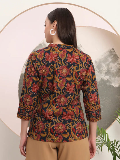 Navy Blue Pure Cotton Shirt Style Top