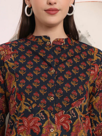 Navy Blue Pure Cotton Shirt Style Top