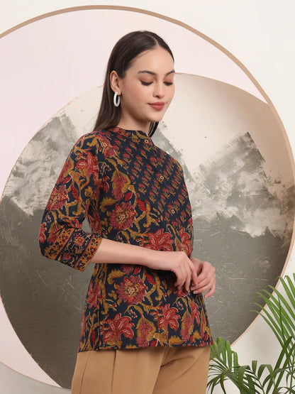 Navy Blue Pure Cotton Shirt Style Top