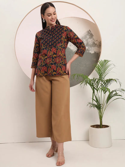 Navy Blue Pure Cotton Shirt Style Top