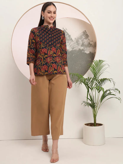 Navy Blue Pure Cotton Shirt Style Top