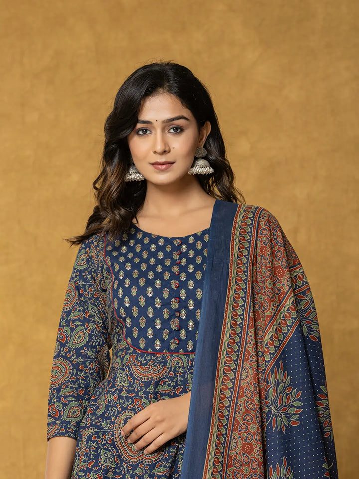 Navy Sequins Worky Cotton Anarkali Kurta Dupatta Set
