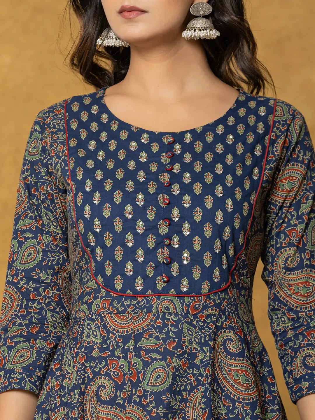 Navy Sequins Worky Cotton Anarkali Kurta Dupatta Set