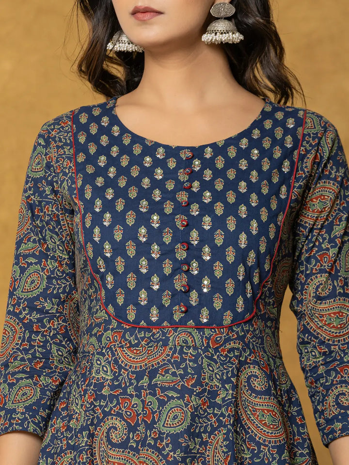Navy Sequins Worky Cotton Anarkali Kurta Dupatta Set