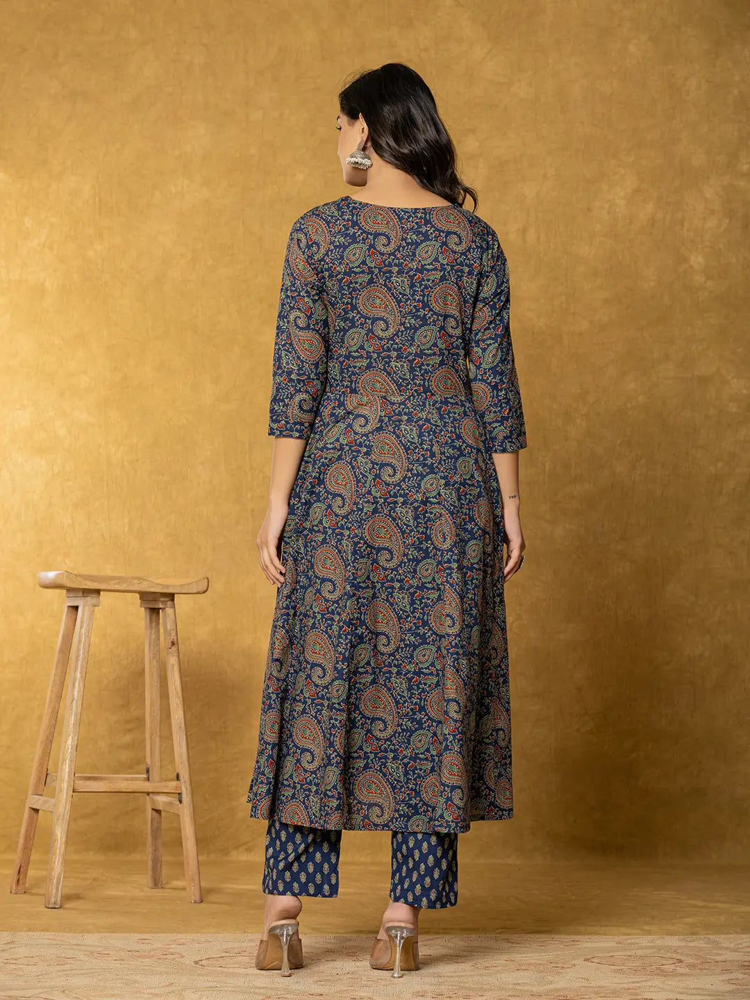 Navy Blue Sequins Worky Cotton Anarkali Kurta Dupatta Set