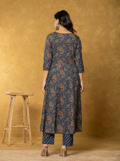 Navy Blue Sequins Worky Cotton Anarkali Kurta Dupatta Set