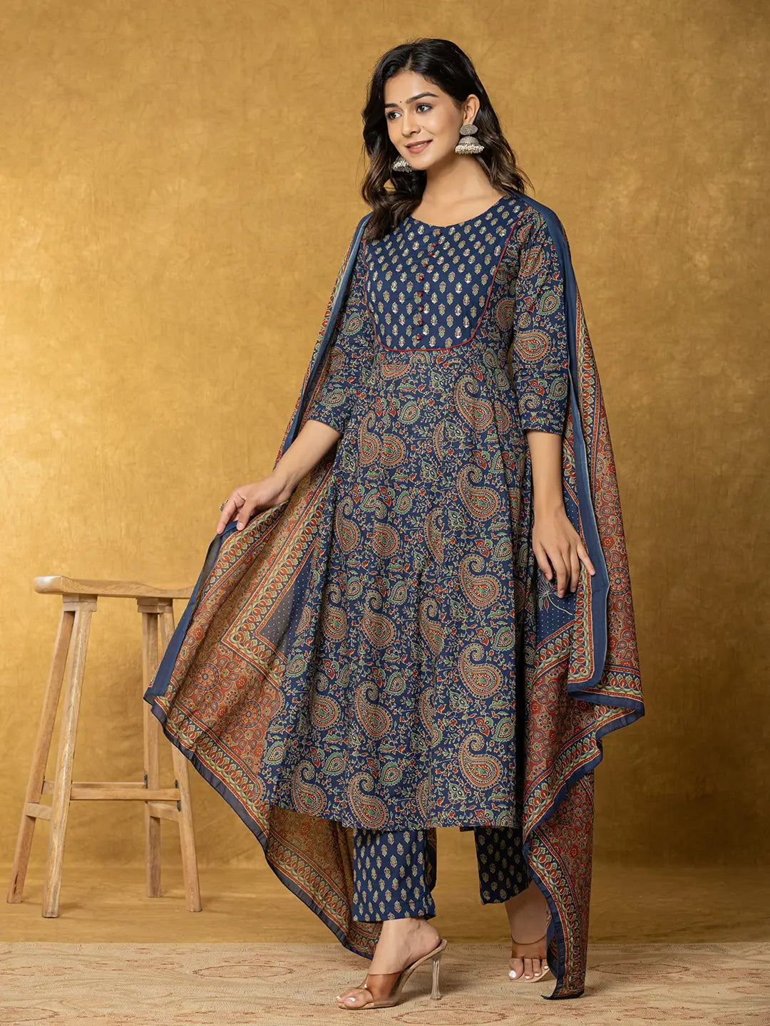 Navy Blue Sequins Worky Cotton Anarkali Kurta Dupatta Set