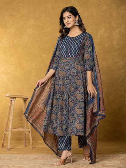 Navy Blue Sequins Worky Cotton Anarkali Kurta Dupatta Set