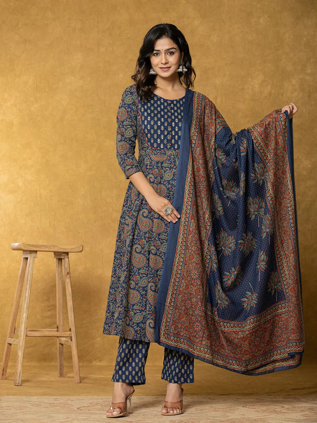 Navy Blue Sequins Worky Cotton Anarkali Kurta Dupatta Set