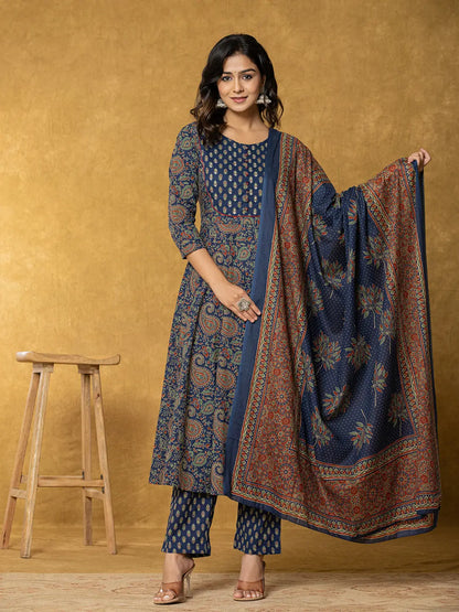 Navy Blue Sequins Worky Cotton Anarkali Kurta Dupatta Set