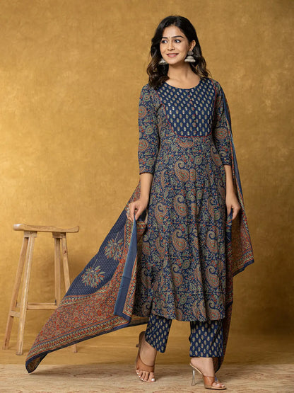 Navy Blue Sequins Worky Cotton Anarkali Kurta Dupatta Set