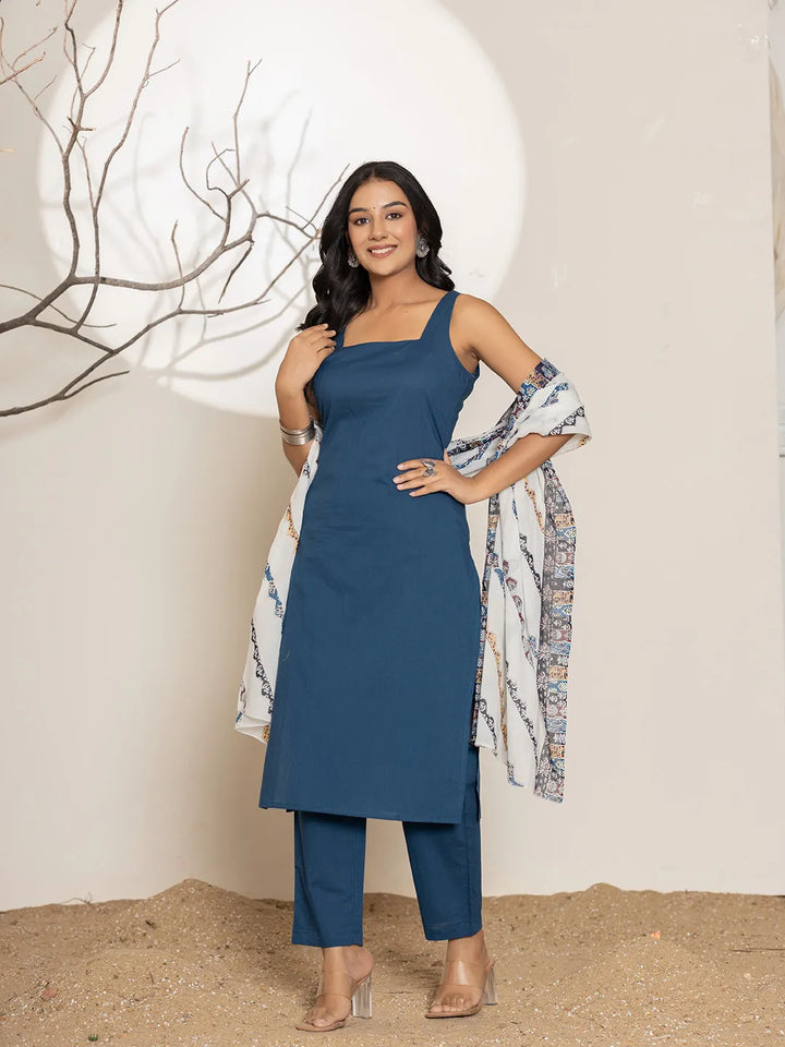 Navy Solid Cotton Straight Kurta Dupatta Set
