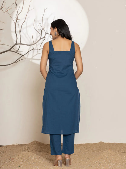 Navy Blue Solid Cotton Straight Kurta Dupatta Set