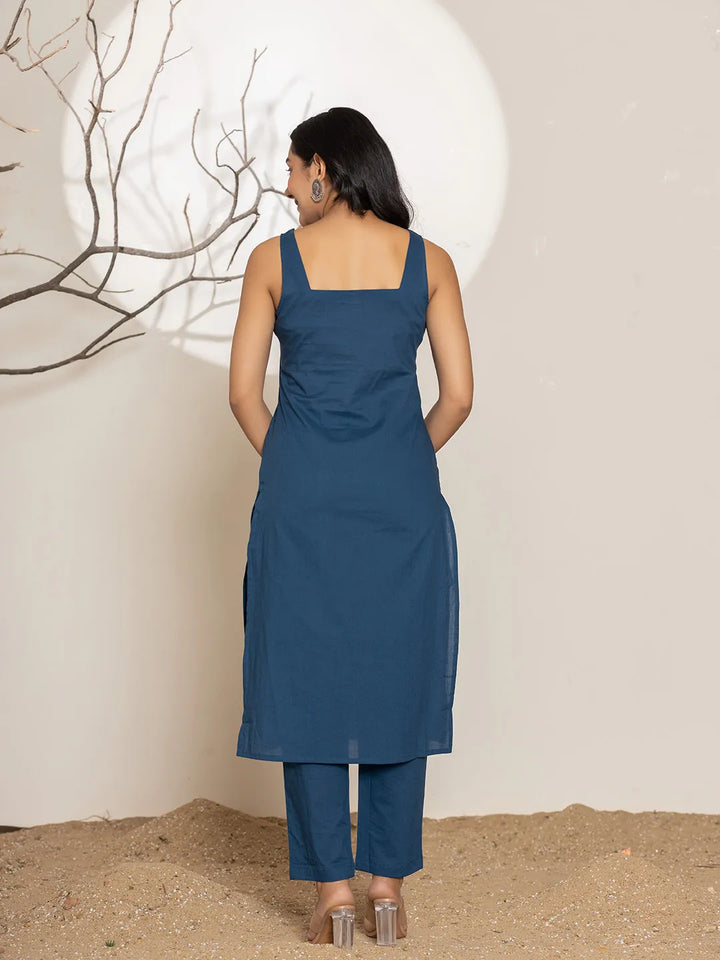 Navy Solid Cotton Straight Kurta Dupatta Set