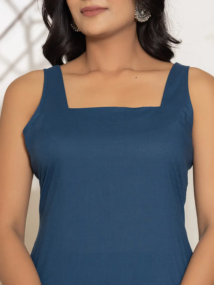 Navy Blue Solid Cotton Straight Kurta Dupatta Set