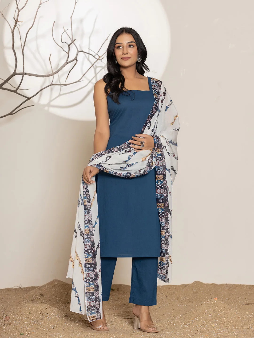 Navy Blue Solid Cotton Straight Kurta Dupatta Set