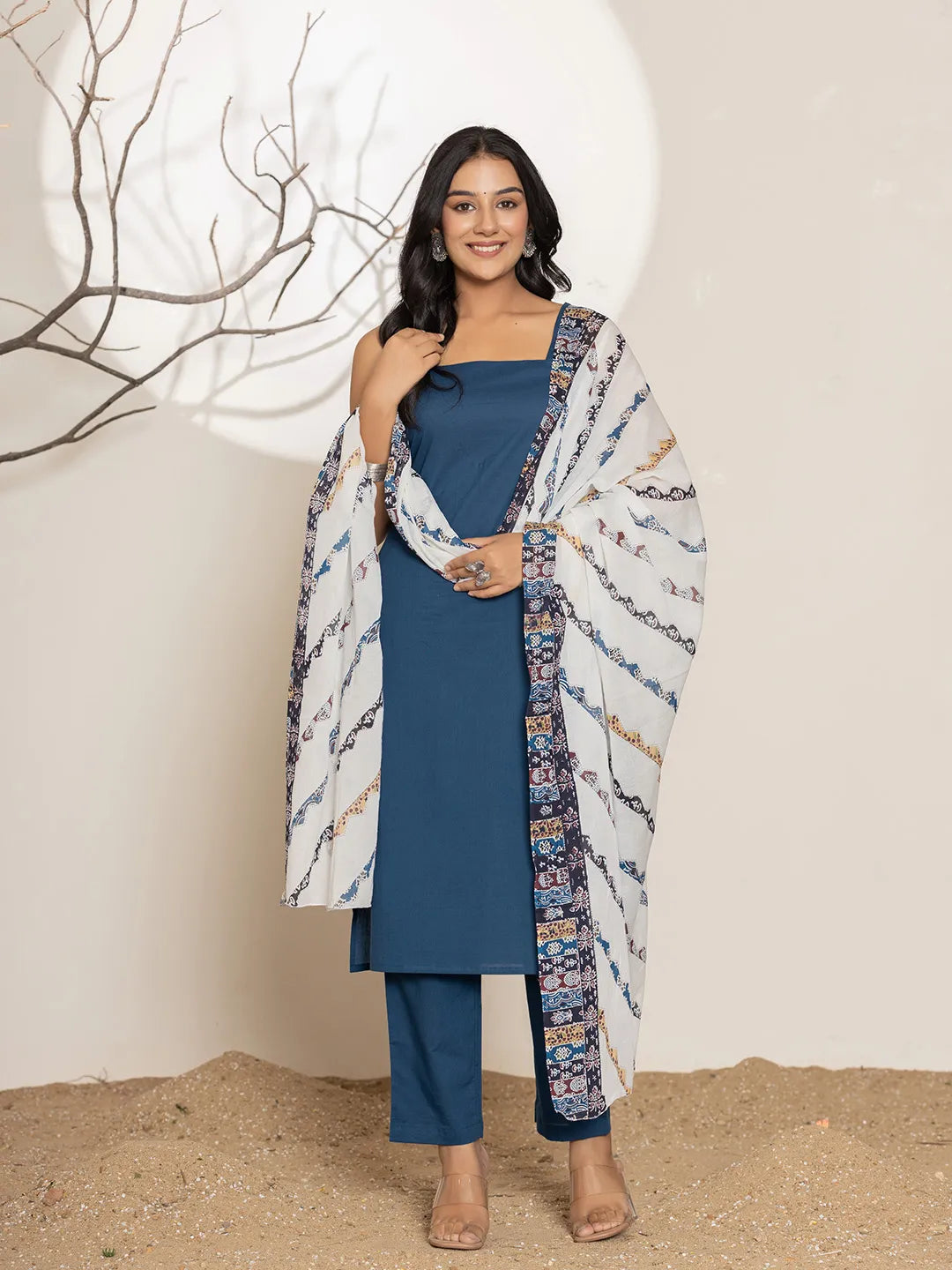 Navy Blue Solid Cotton Straight Kurta Dupatta Set