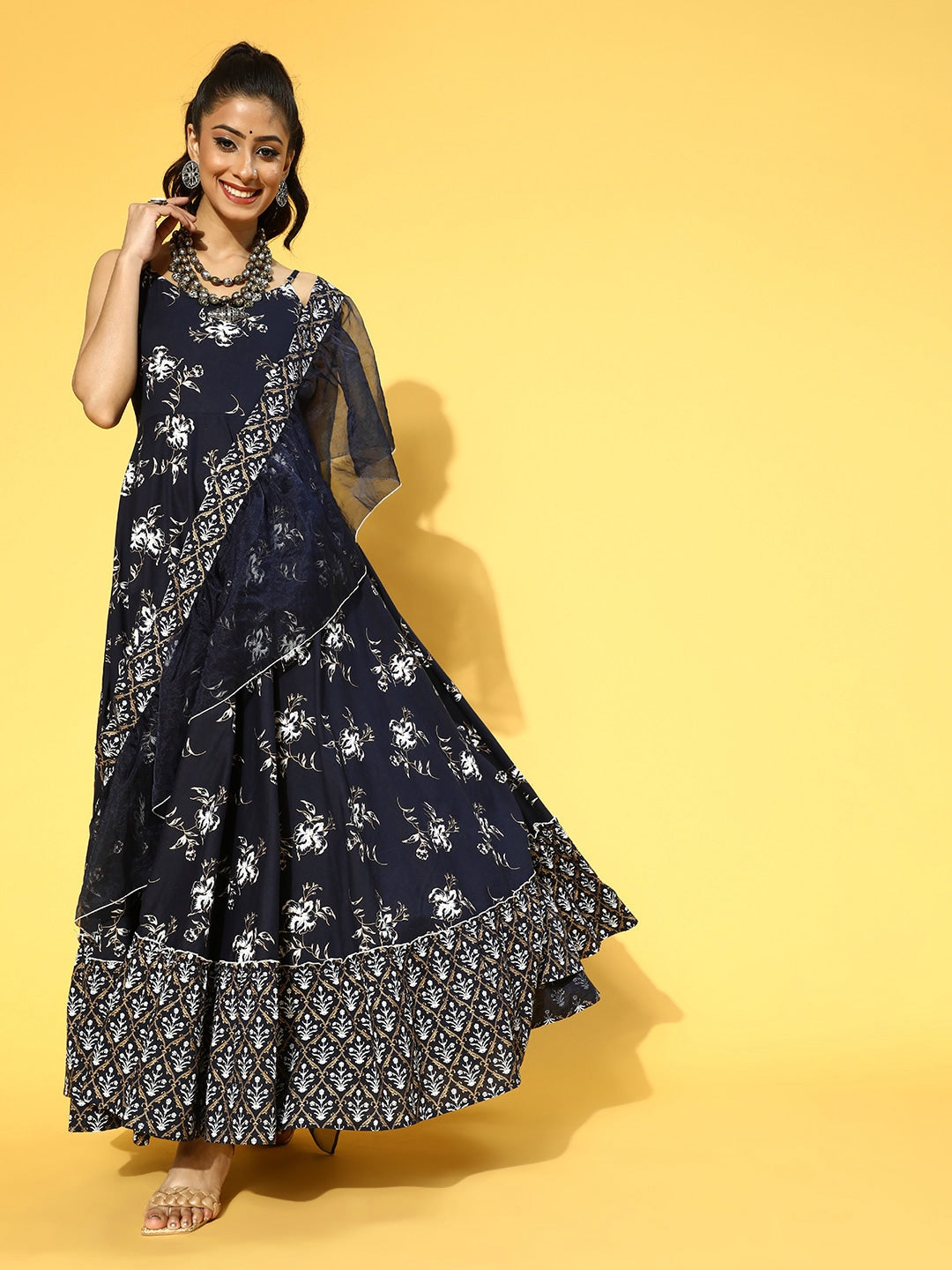Navy Blue & White Printed Dress Dupatta