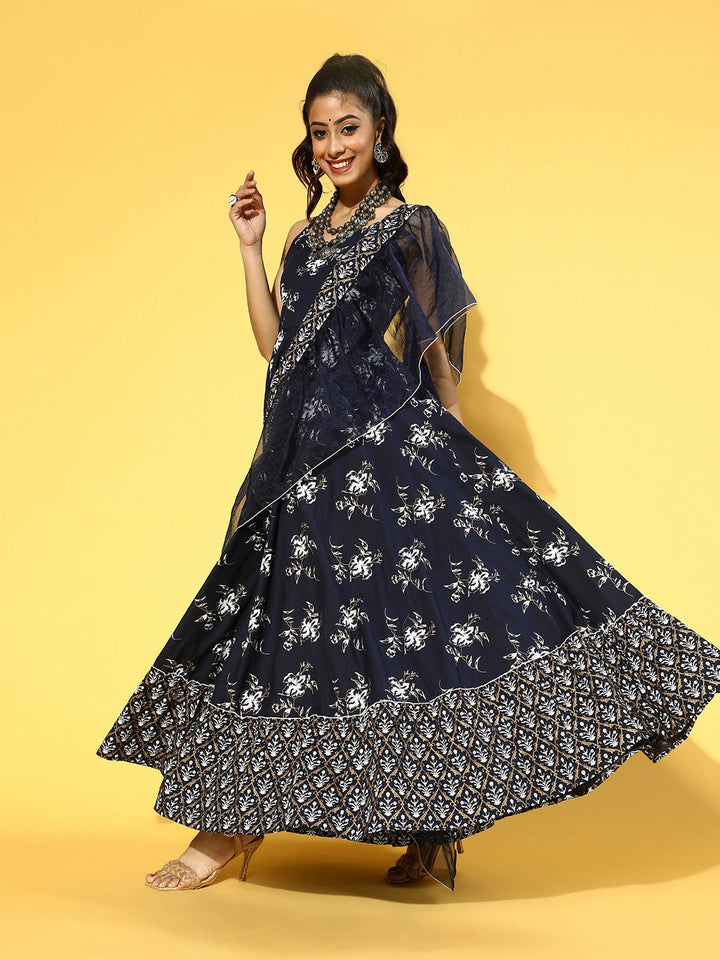 Navy Blue &amp; White Printed Dress Dupatta
