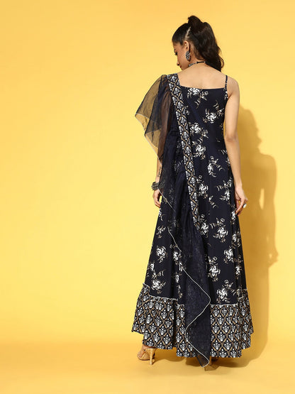 Navy Blue & White Printed Dress Dupatta