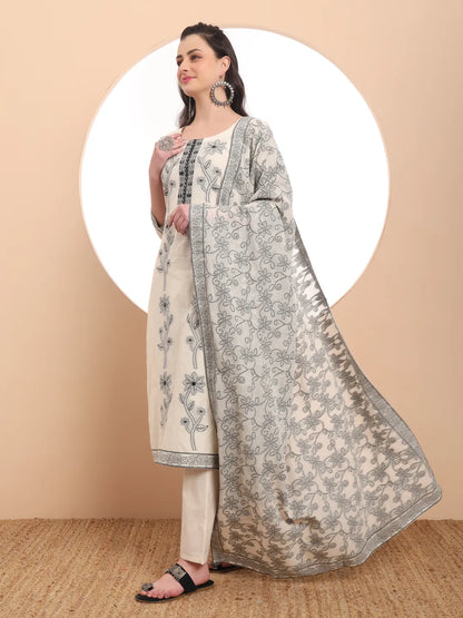 Off-White Handloom Cotton Jacquard Kurta Dupatta Pant Set