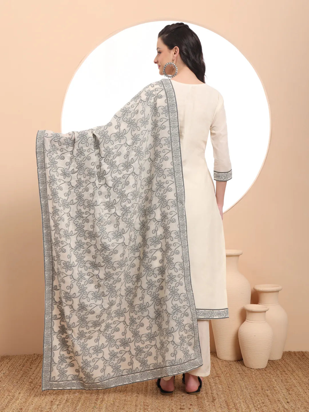 Off-White Handloom Cotton Jacquard Kurta Dupatta Pant Set