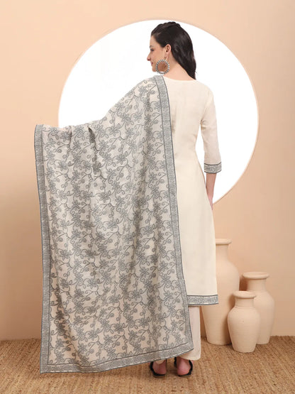 Off-White Handloom Cotton Jacquard Kurta Dupatta Pant Set